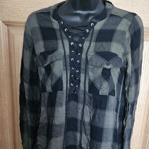 Express Black Checkered Lace-Up Shirt